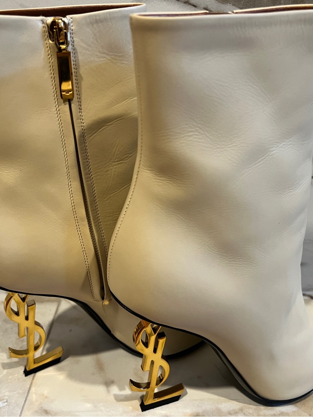 Yves Saint Laurent Cream Leather Ankle Boots with Gold YSL Logo Heels